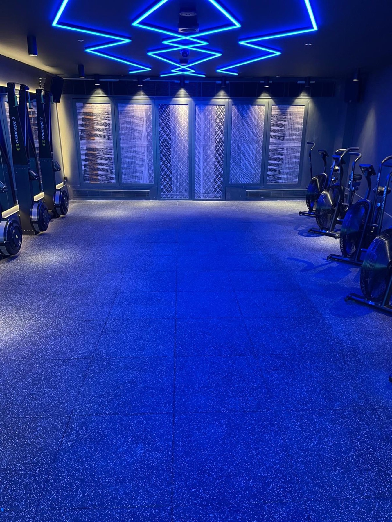 Rubber gym flooring under neon lighting in a London training gym