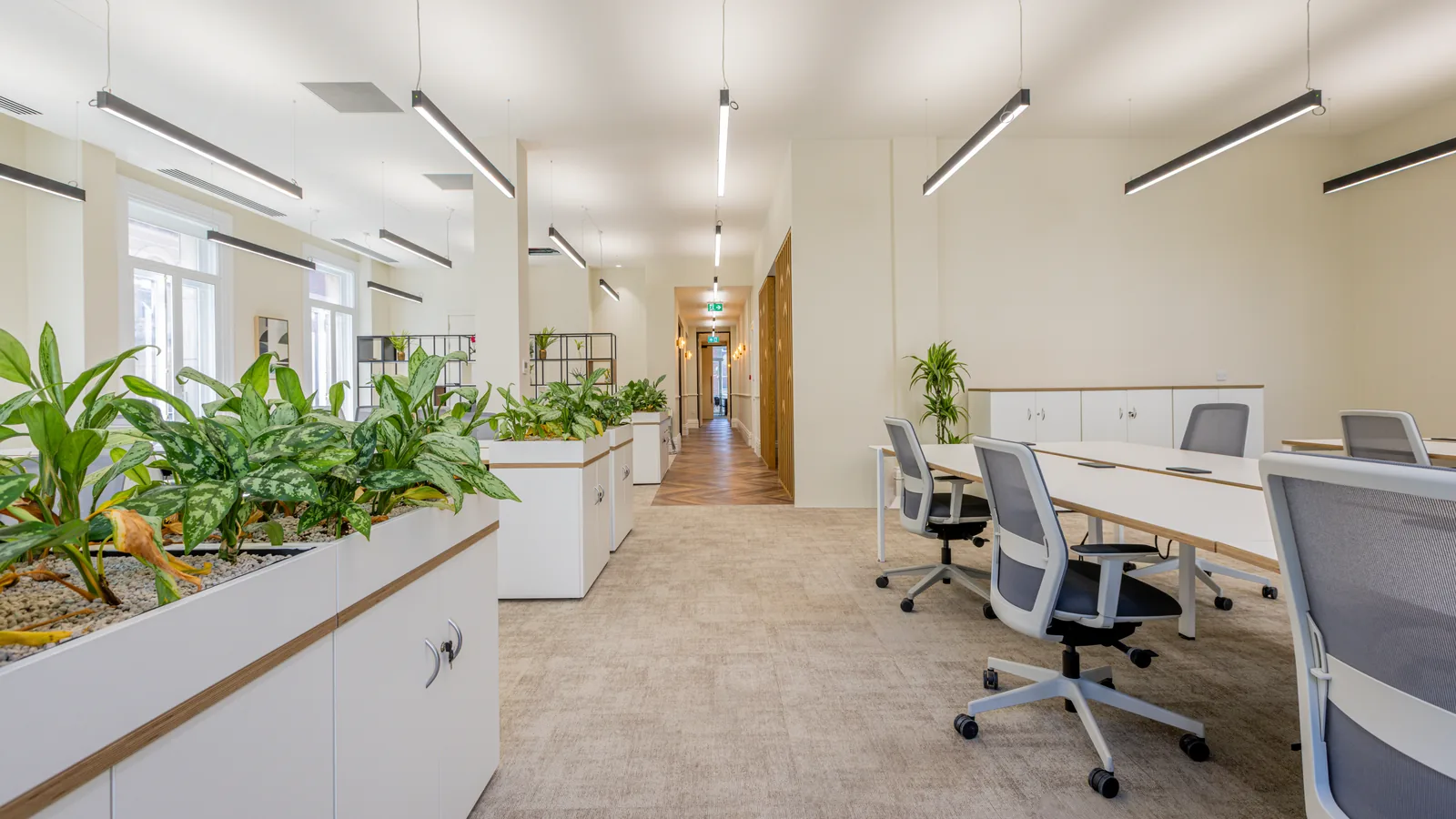 An open-plan London office fitted out by Guild Floors, carpet tile through to timber