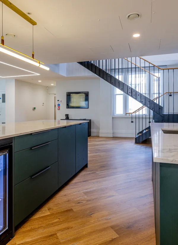 The kitchen and stair core of a Marylebone office fit-out