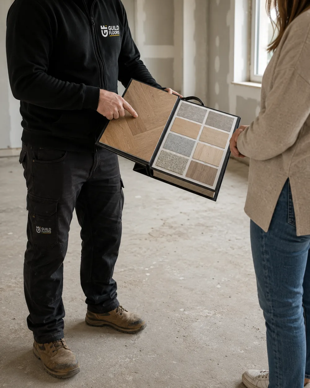 A Guild Floors fitter showing flooring samples to a customer in an unfinished room